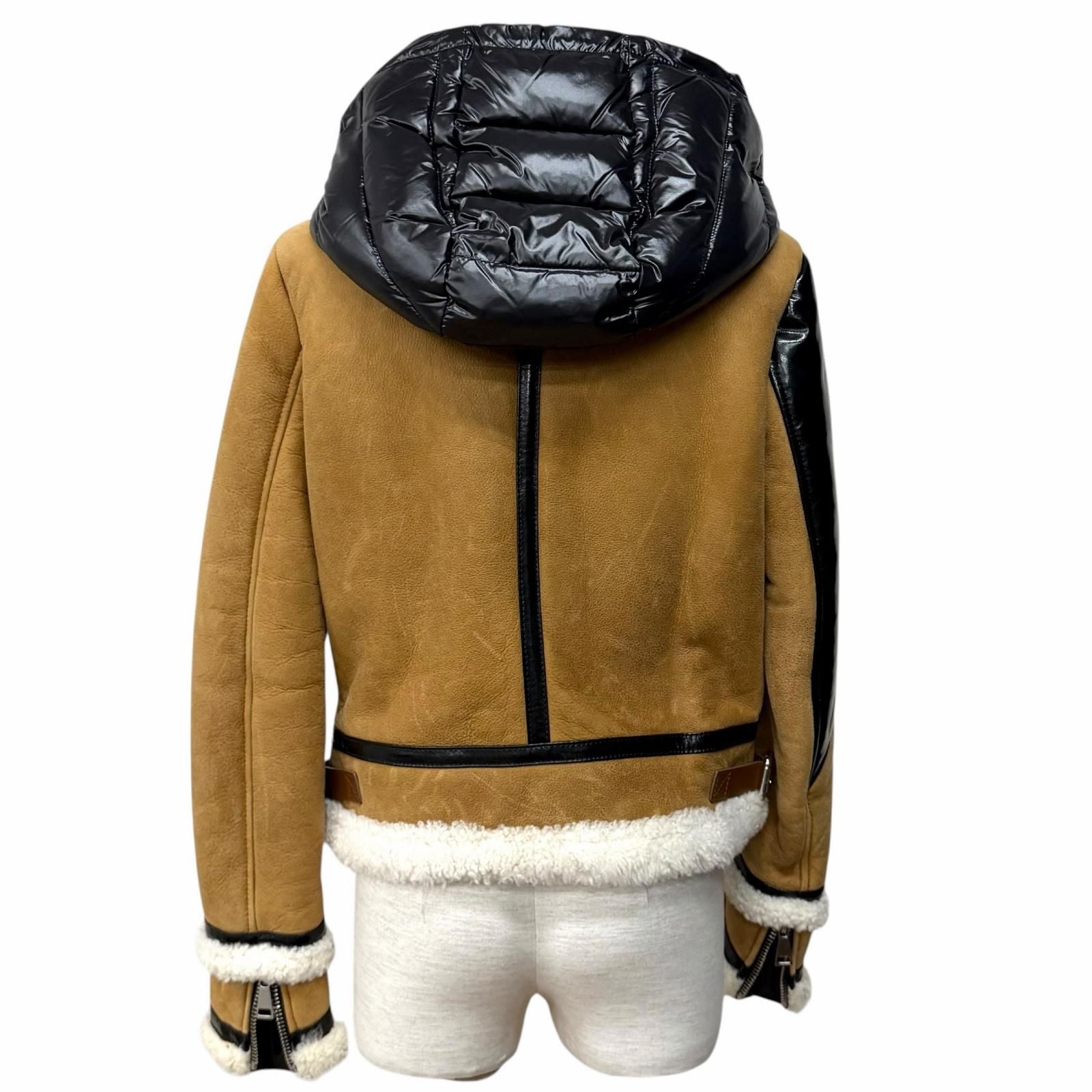 Moncler Leather Logo Patch Down Jacket Cut Replacement Shearling Rider's Brown — view 3