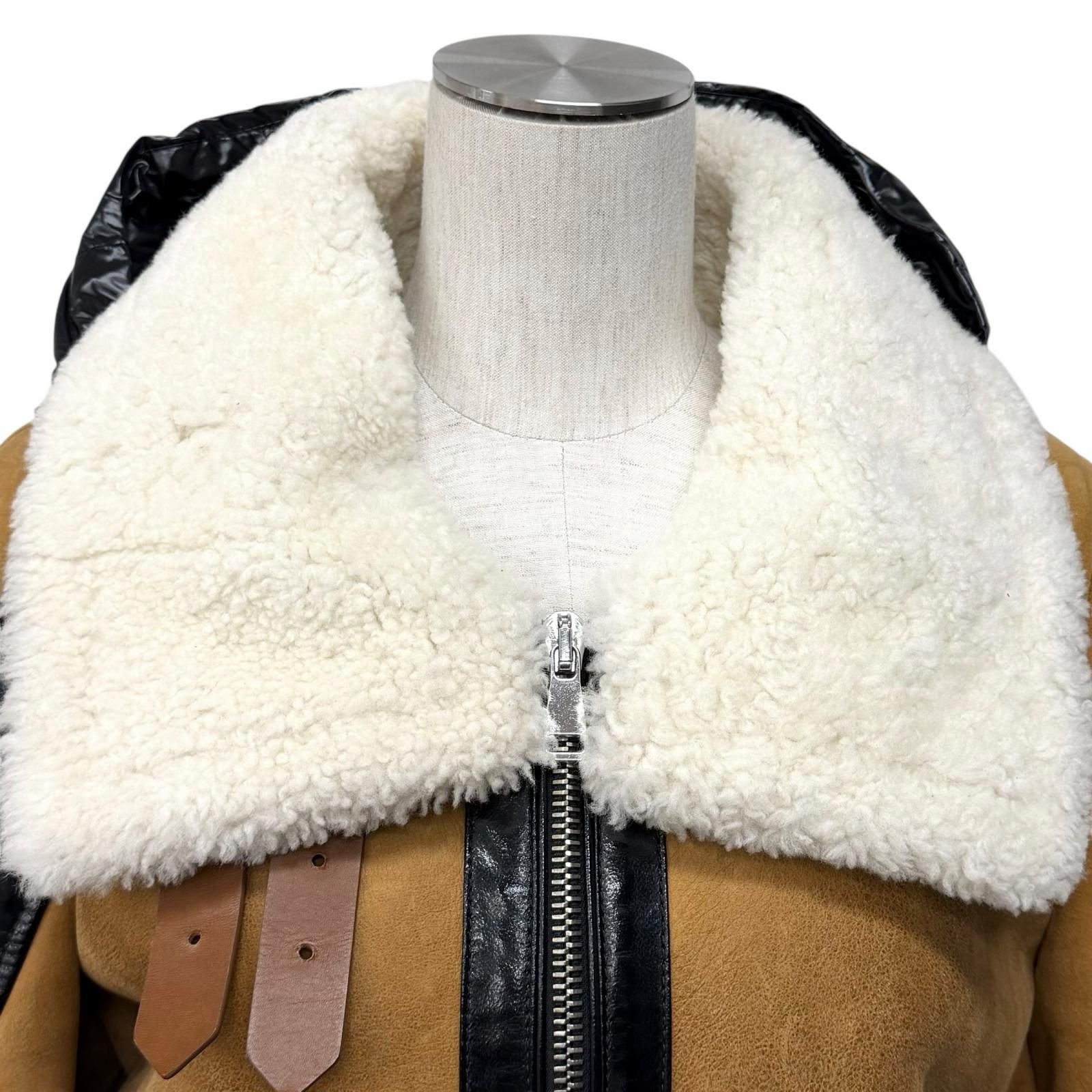 Moncler Leather Logo Patch Down Jacket Cut Replacement Shearling Rider's Brown — view 4