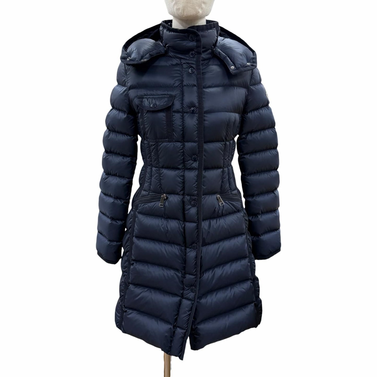 Moncler Hermine Logo Patch Hooded Double Zip Down Jacket Coat Navy 00