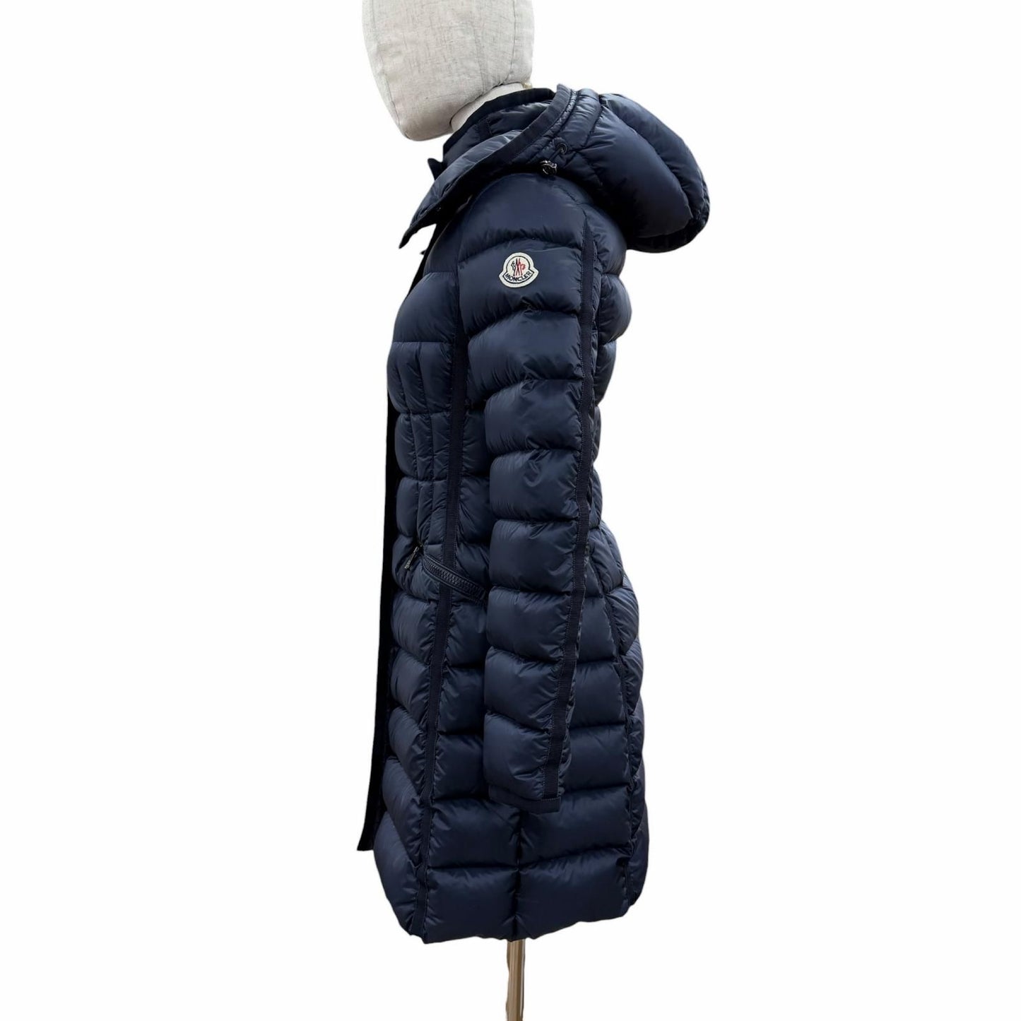 Moncler Hermine Logo Patch Hooded Double Zip Down Jacket Coat Navy 00 — view 2