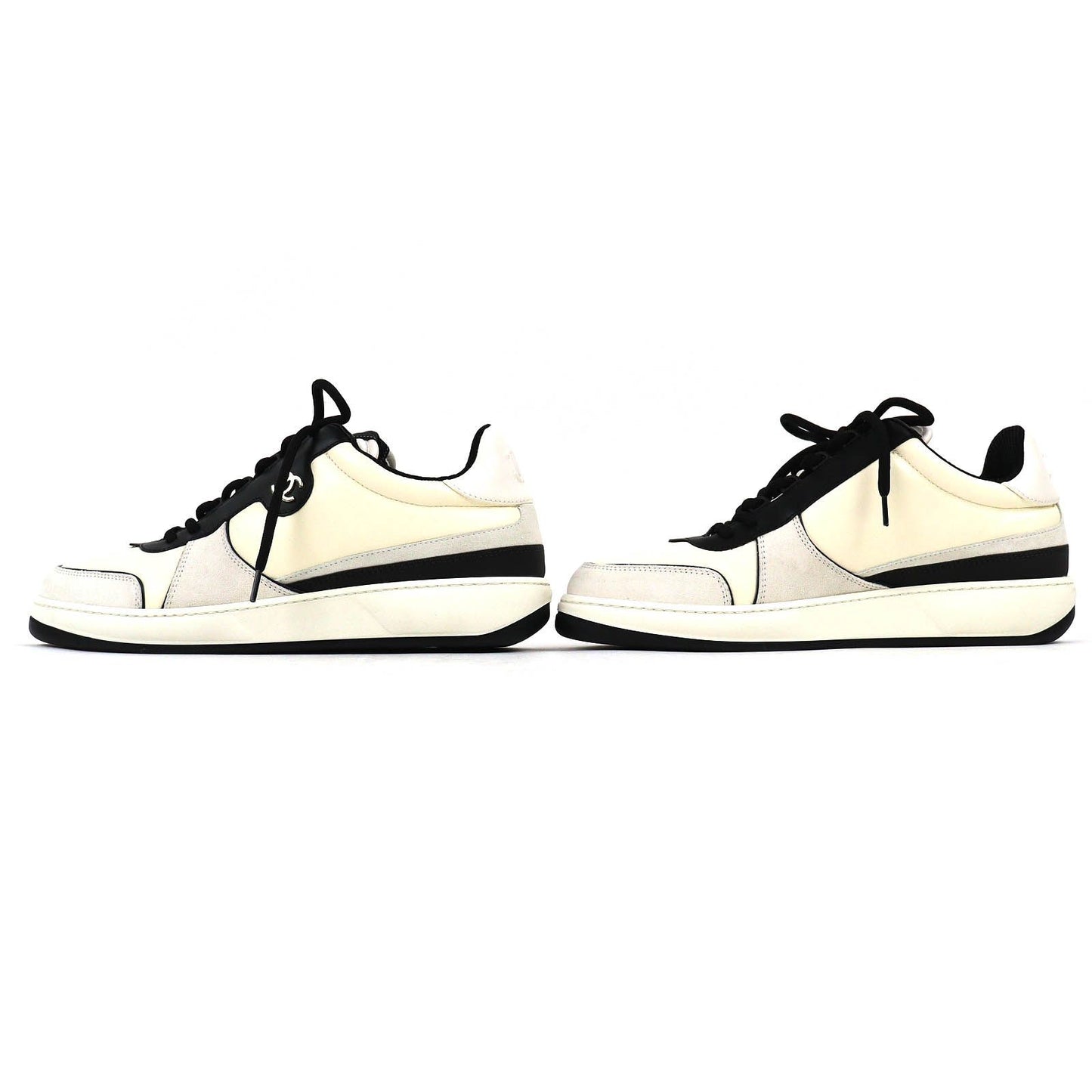 Chanel Leather Suede CC Logo Sneakers Ivory Black — view 3