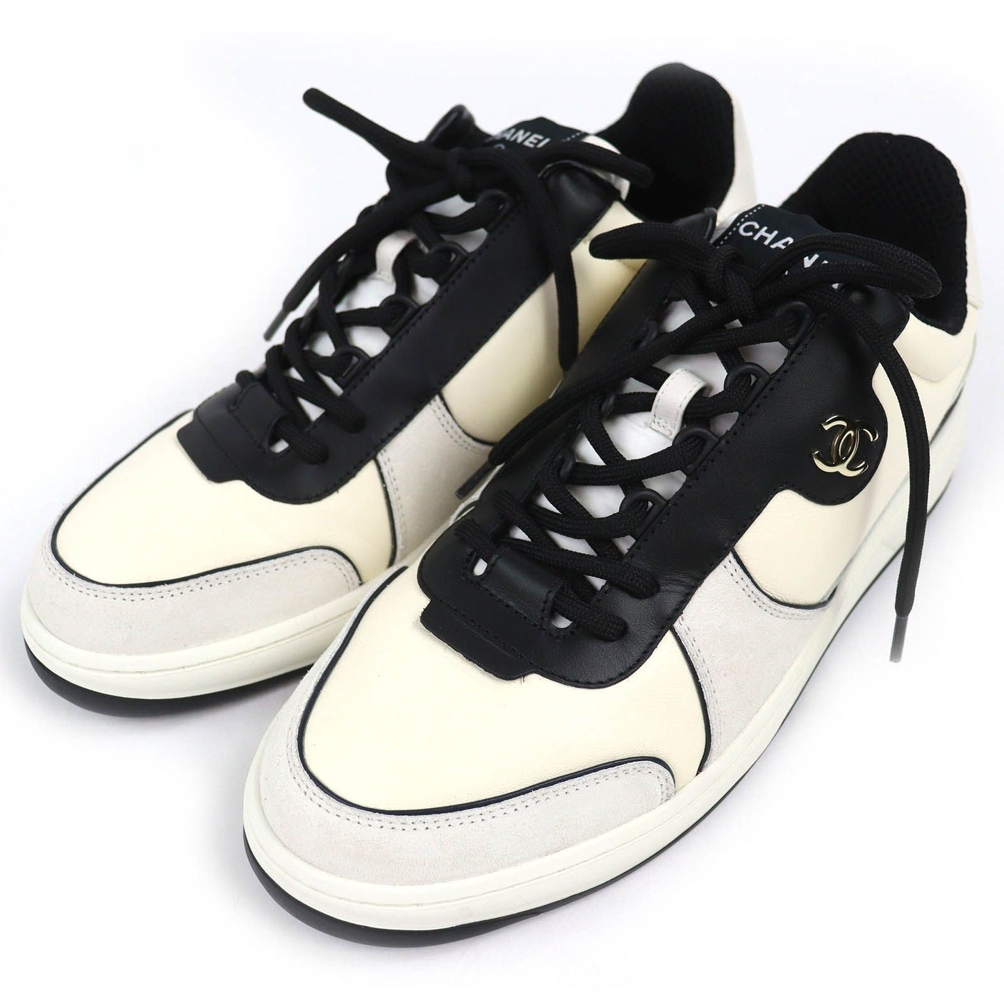 Chanel Leather Suede CC Logo Sneakers Ivory Black