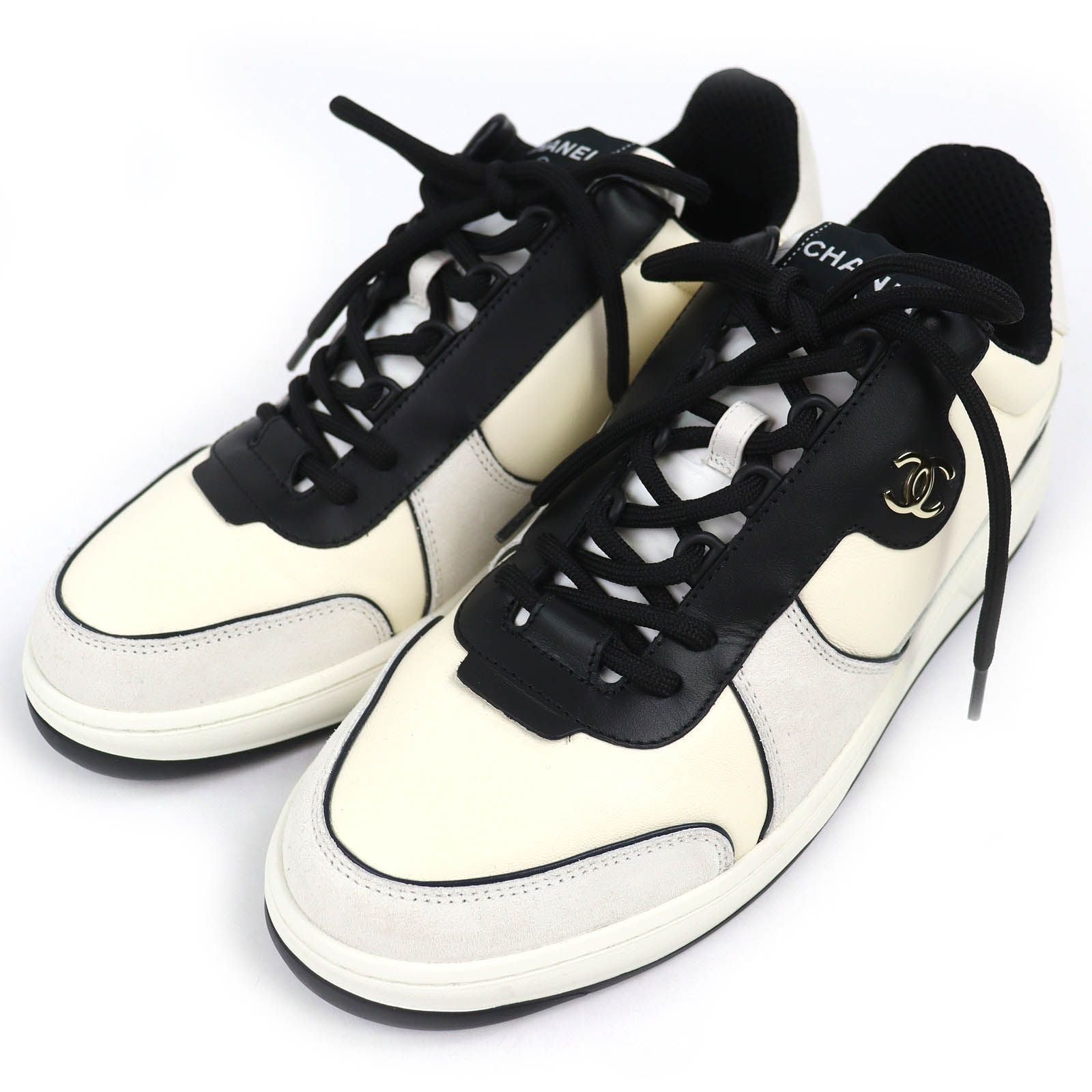 Chanel Leather Suede CC Logo Sneakers Ivory Black