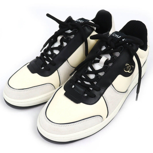Chanel Leather Suede CC Logo Sneakers Ivory Black