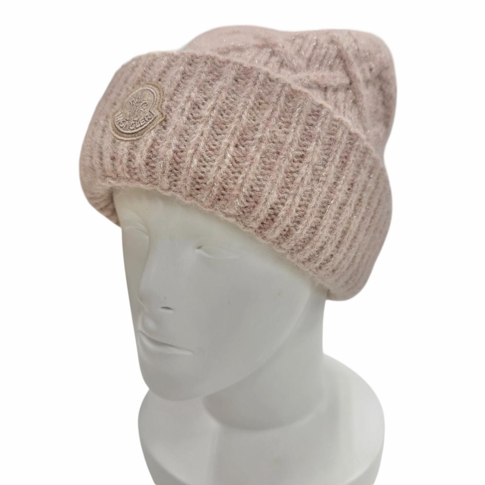 Moncler Berretto Tricot Alpaca Blend Logo Patch Silver Lame Knit Cap Pink Hat