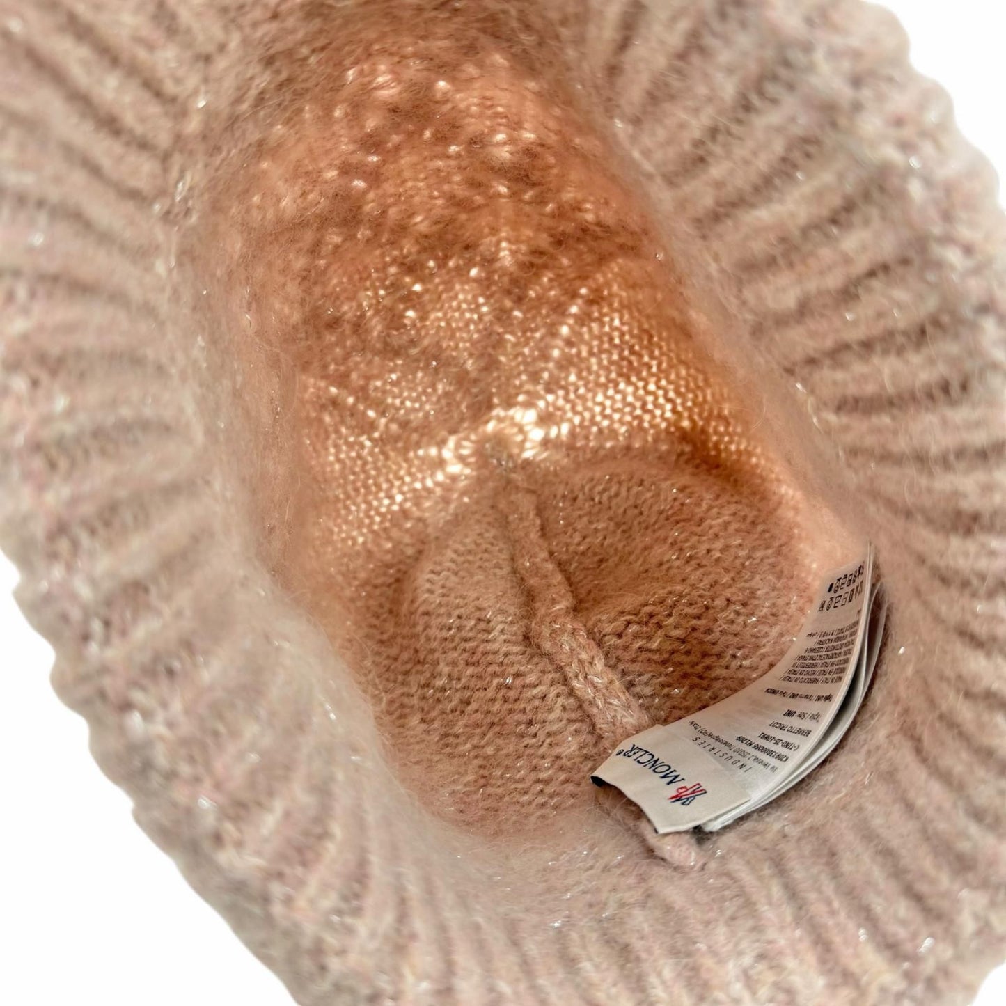 Moncler Berretto Tricot Alpaca Blend Logo Patch Silver Lame Knit Cap Pink Hat — view 5
