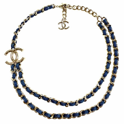 Chanel CC Logo Double Chain Necklace Blue Gold — view 2