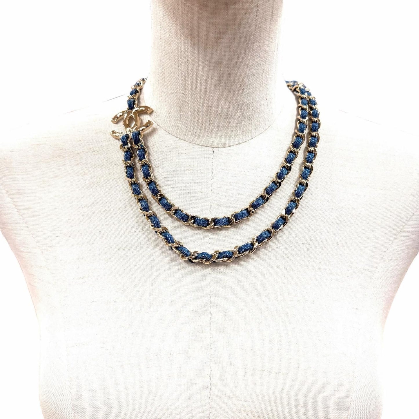 Chanel CC Logo Double Chain Necklace Blue Gold — view 3