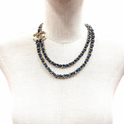 Chanel CC Logo Double Chain Necklace Blue Gold — view 3