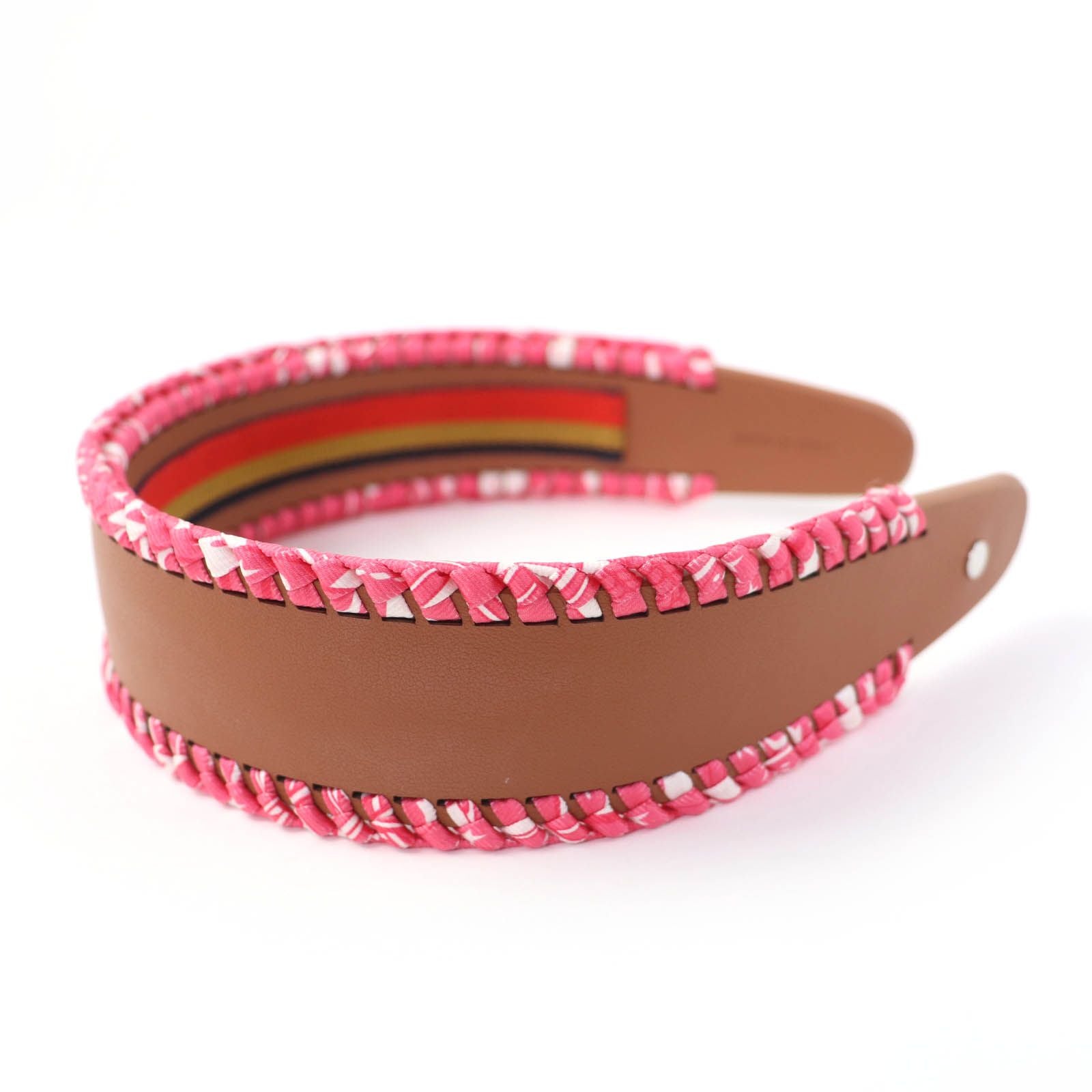 Hermes Gray Silver Series Leather Headband Brown Pink