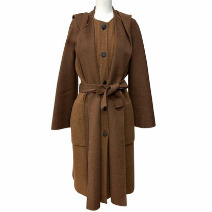Hermes Cashmere Wool Blend Series Button with Belt Knit Contrast Footed Coat