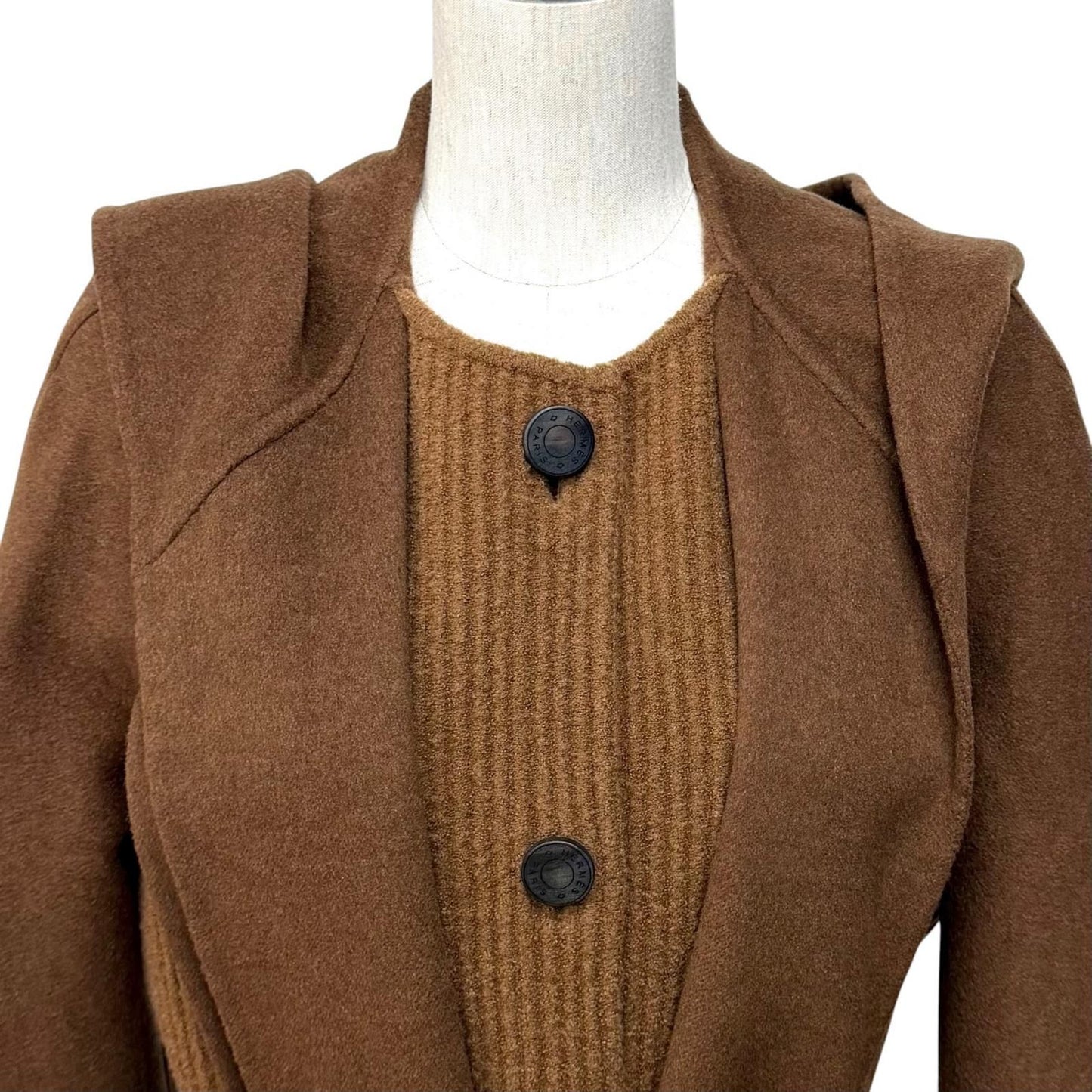 Hermes Cashmere Wool Blend Series Button with Belt Knit Contrast Footed Coat — view 4