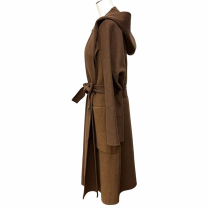 Hermes Cashmere Wool Blend Series Button with Belt Knit Contrast Footed Coat — view 2