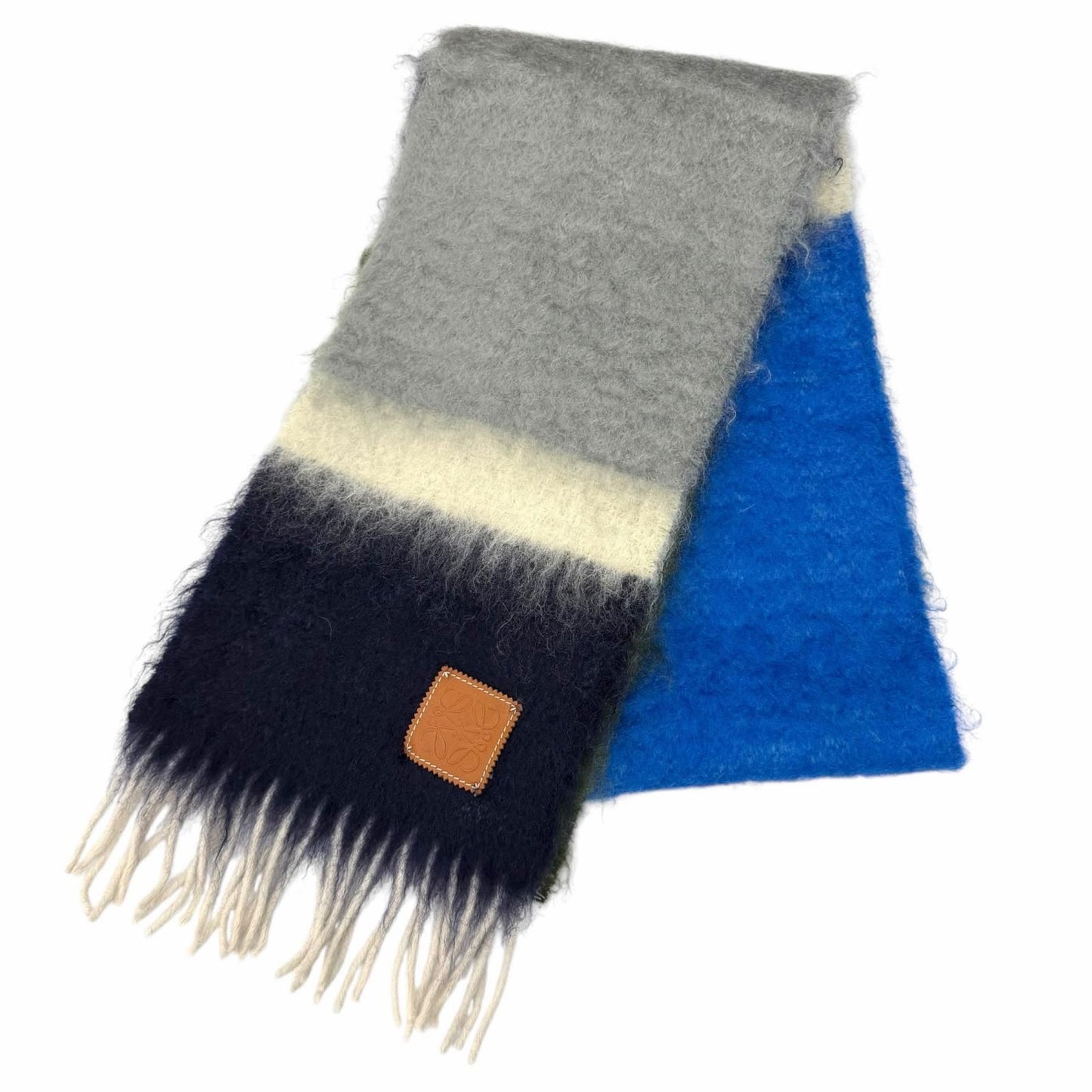 Loewe Mohair Wool Blend Leather Anagram Logo Patch Border Pattern Fringe Scarf