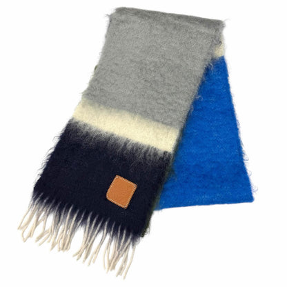 Loewe Mohair Wool Blend Leather Anagram Logo Patch Border Pattern Fringe Scarf