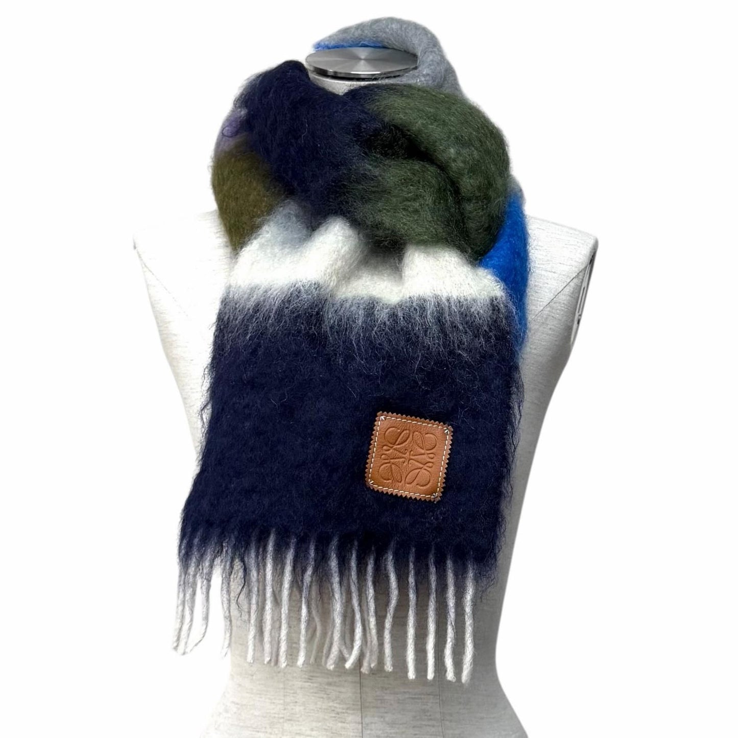 Loewe Mohair Wool Blend Leather Anagram Logo Patch Border Pattern Fringe Scarf — view 3