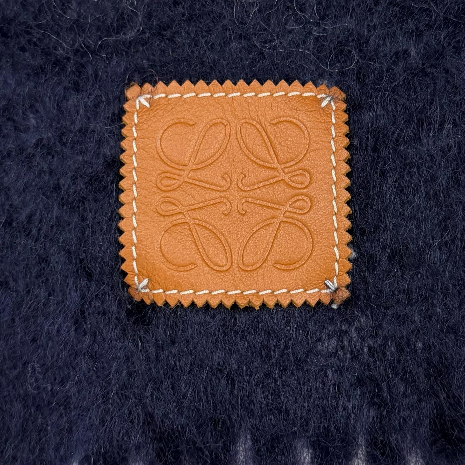 Loewe Mohair Wool Blend Leather Anagram Logo Patch Border Pattern Fringe Scarf — view 5