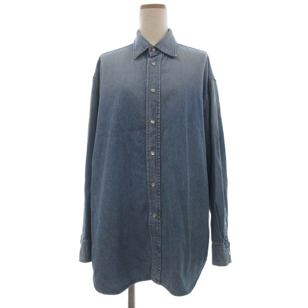 Balenciaga Logo Embroidered Snap Denim Shirt Oversize Long Sleeve 38 Blue