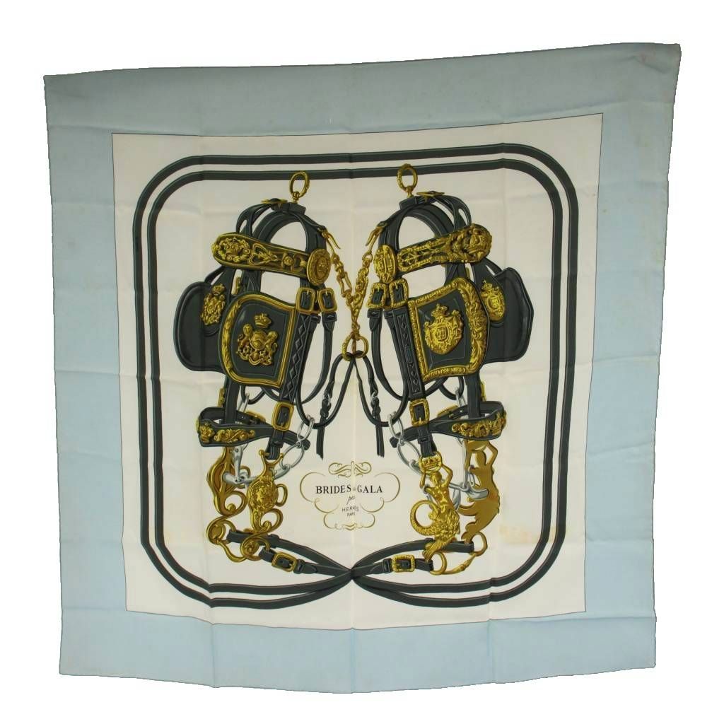 Hermes Brides de Gala Carre 90 Scarf All Over Pattern Silk White Light Blue