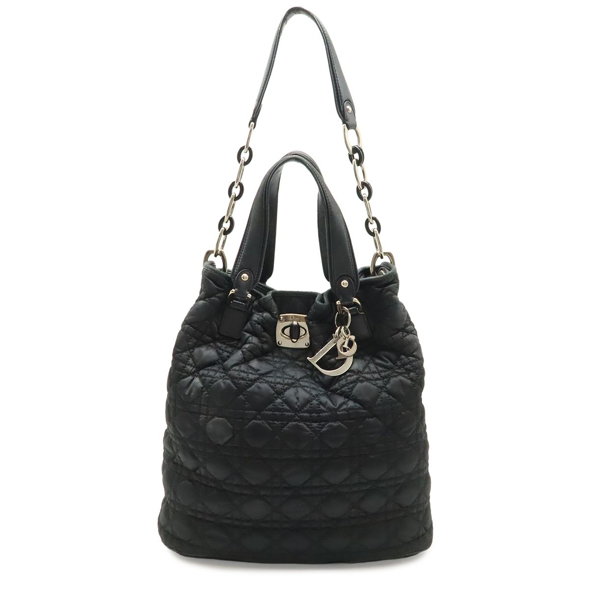 Dior Cannage Tote 2-Way Chain Shoulder Bag Leather Black Silver