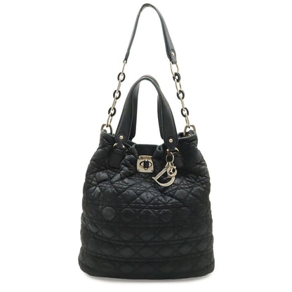 Dior Cannage Tote 2-Way Chain Shoulder Bag Leather Black Silver