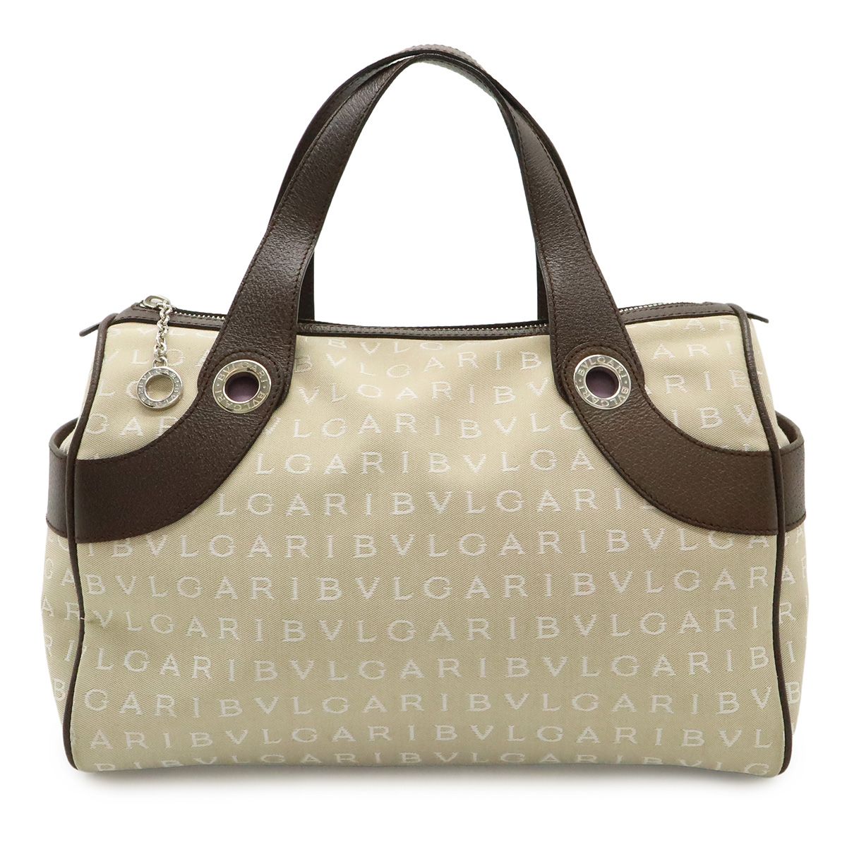 Bvlgari Logo Mania Tote Canvas Leather Beige Brown Silver