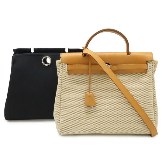 Hermes Herbag PM Handbag 2-Way Backpack Toile GM Leather Beige Black Light Brown