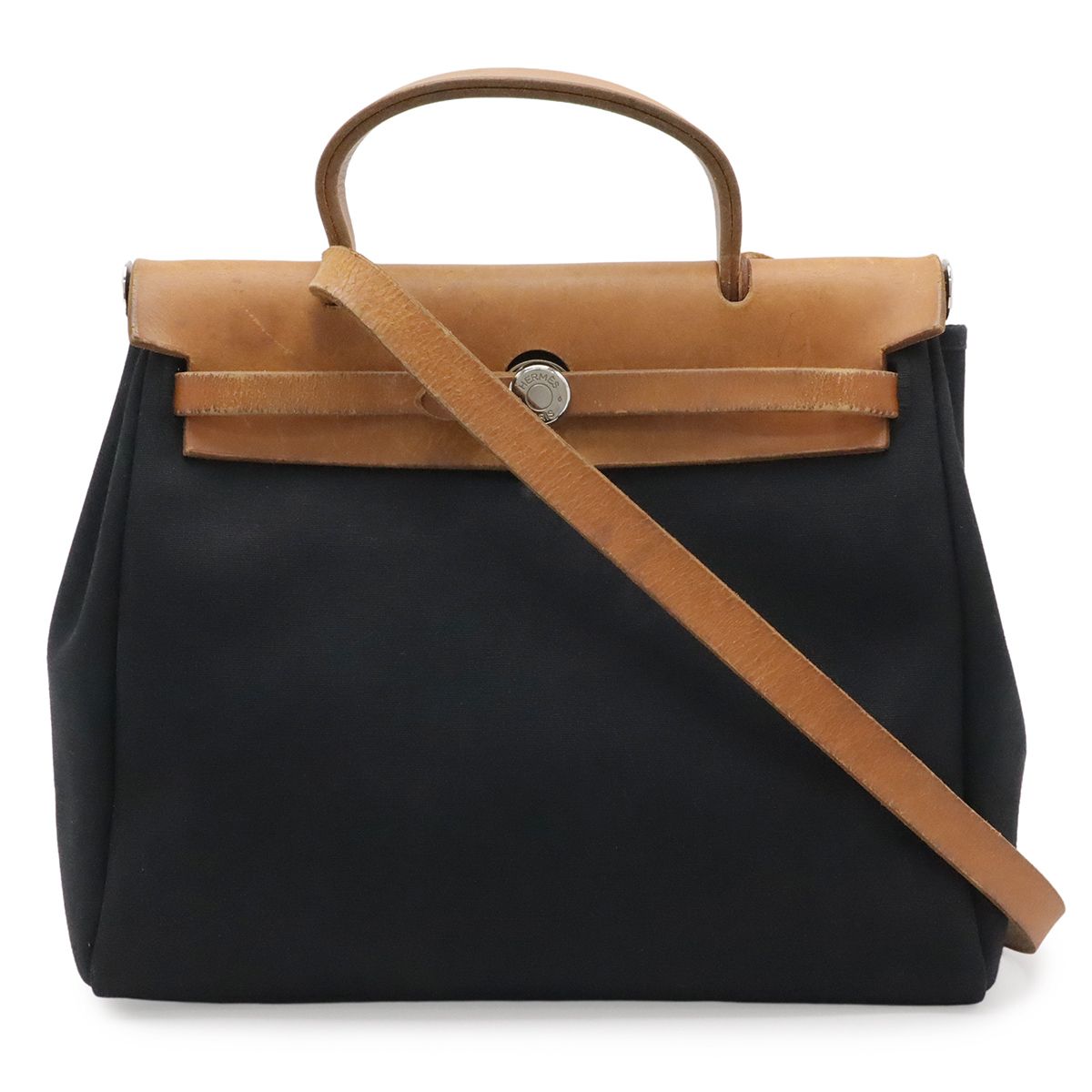 Hermes Herbag PM 2-Way Shoulder Bag Toile Officier Leather Black Beige