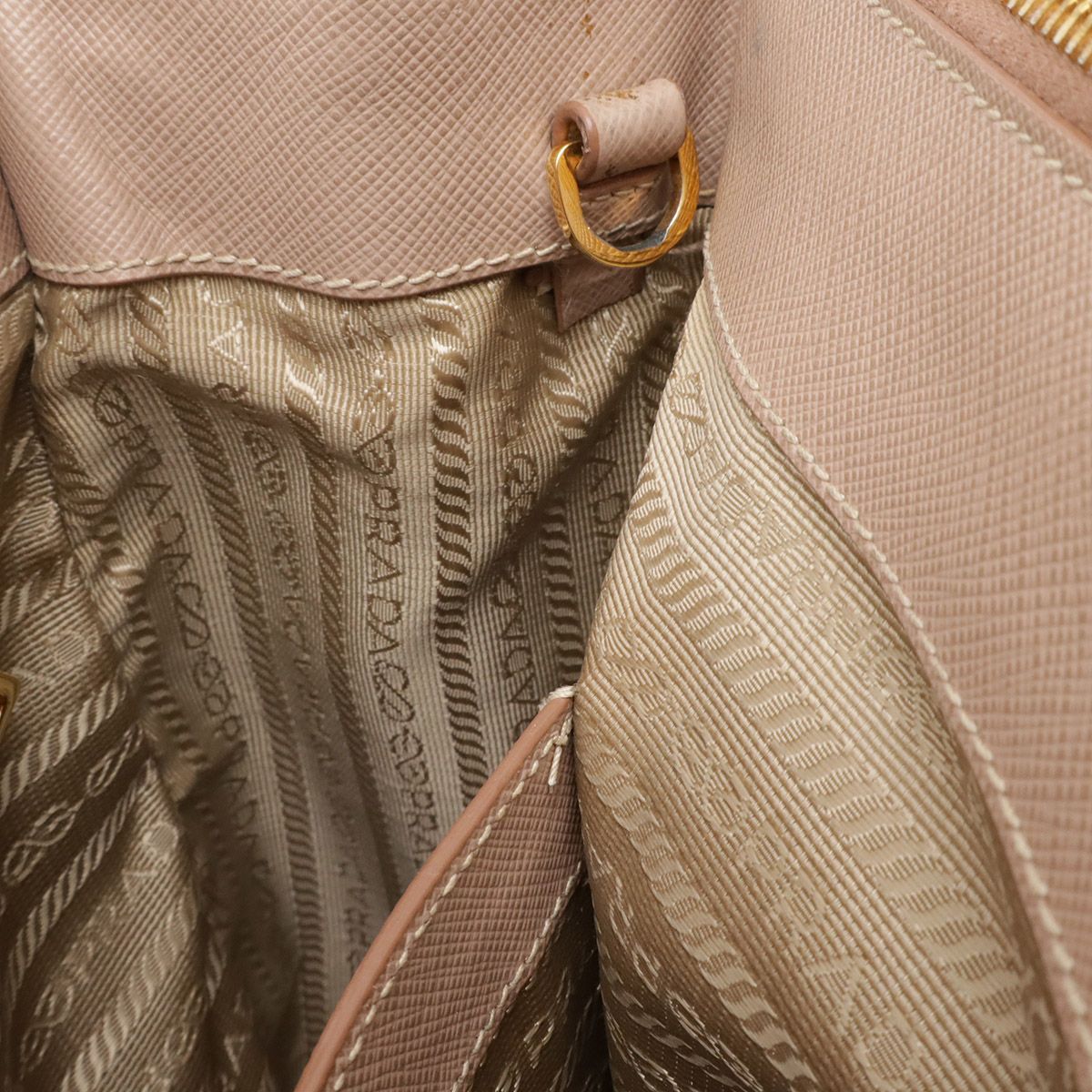 Prada Triangle Logo Tote 2-Way Shoulder Bag Saffiano Leather Pink Beige Gold — view 8