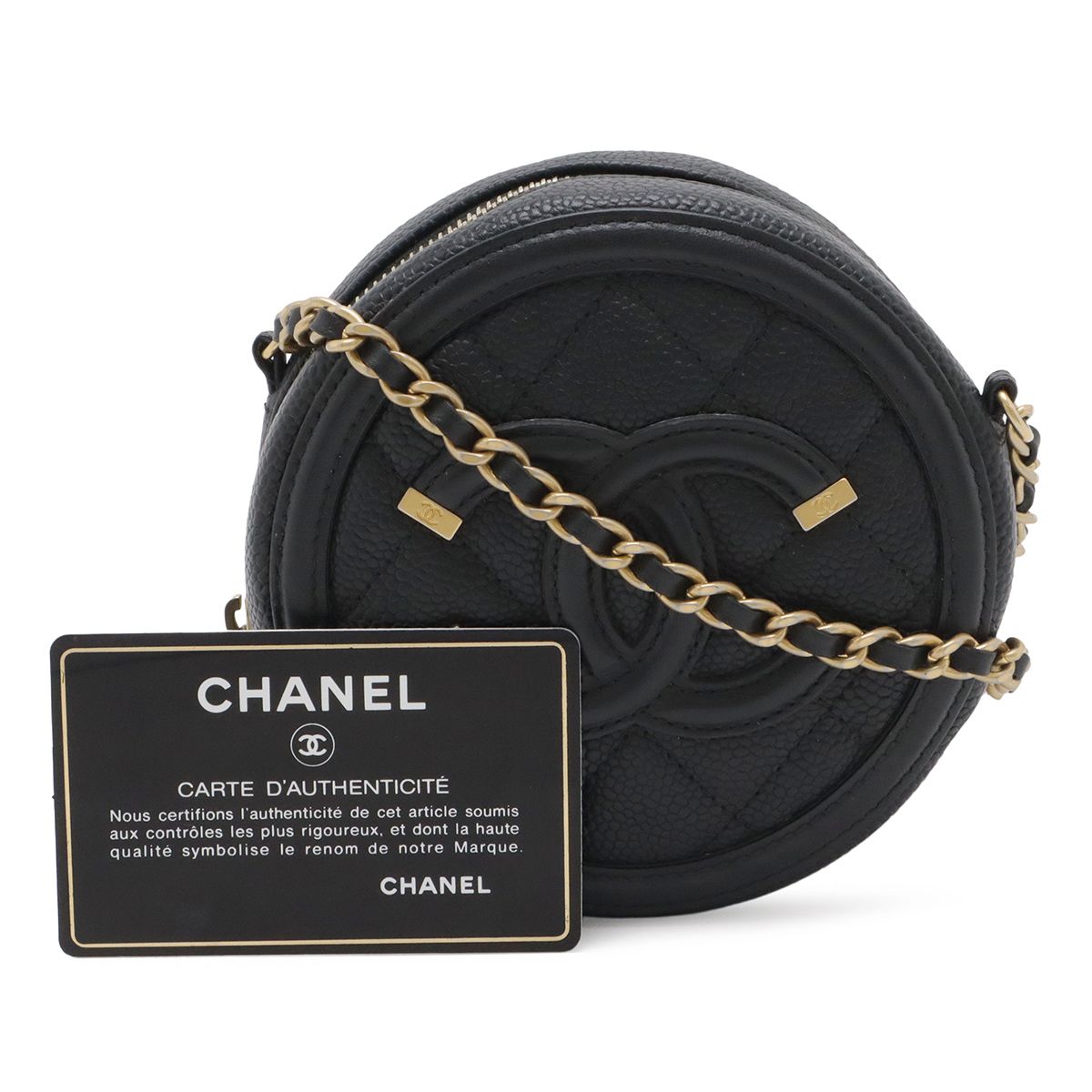 Chanel CC Filigree CC Logo Round Chain Shoulder Bag Pochette Caviar Leather — view 9