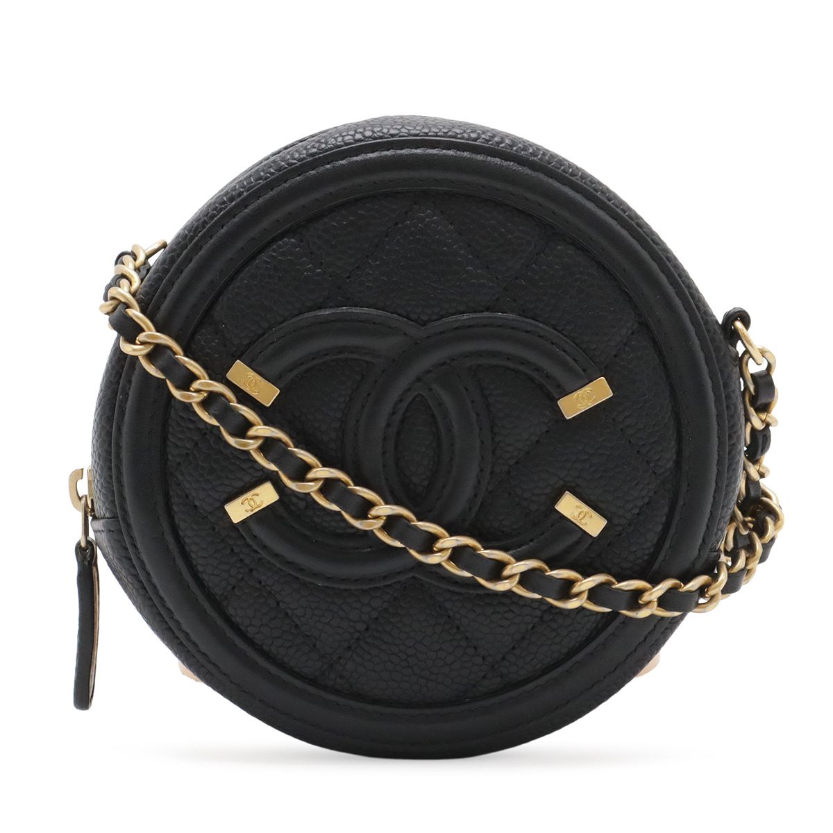 Chanel CC Filigree CC Logo Round Chain Shoulder Bag Pochette Caviar Leather
