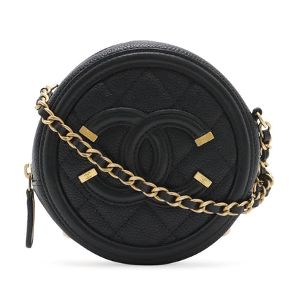 Chanel CC Filigree CC Logo Round Chain Shoulder Bag Pochette Caviar Leather