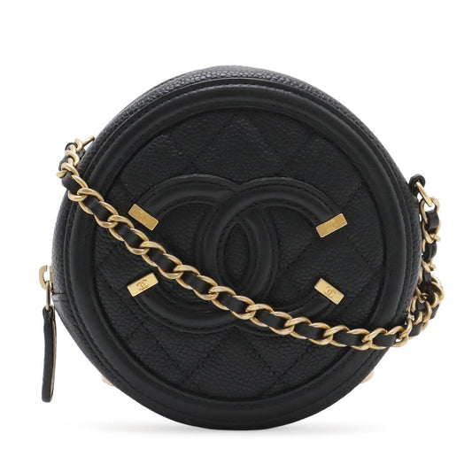 Chanel CC Filigree CC Logo Round Chain Shoulder Bag Pochette Caviar Leather