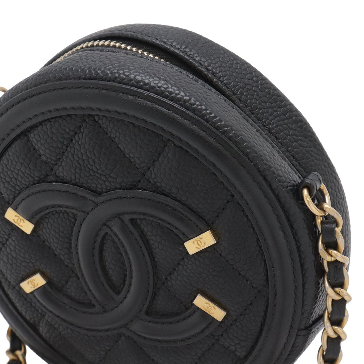 Chanel CC Filigree CC Logo Round Chain Shoulder Bag Pochette Caviar Leather — view 4