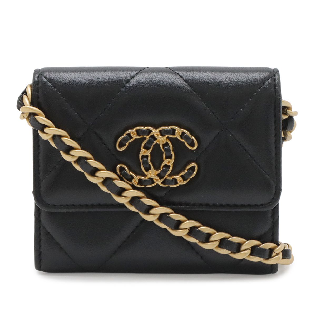 Chanel 19 Quilted CC Logo Chain Coin Purse Strap Lambskin Leather Black