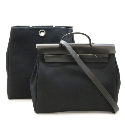 Hermes Herbag MM 2-Way Shoulder Bag Toile Officier Leather Black Silver