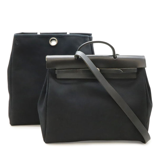 Hermes Herbag MM 2-Way Shoulder Bag Toile Officier Leather Black Silver