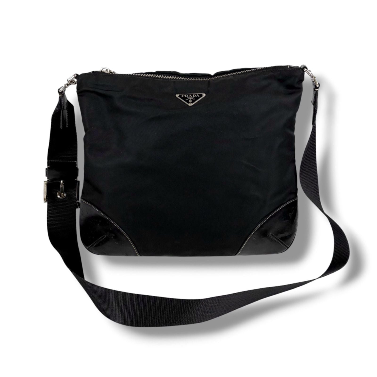 Prada Triangle Logo Shoulder Bag Cross Black Nero Tessuto