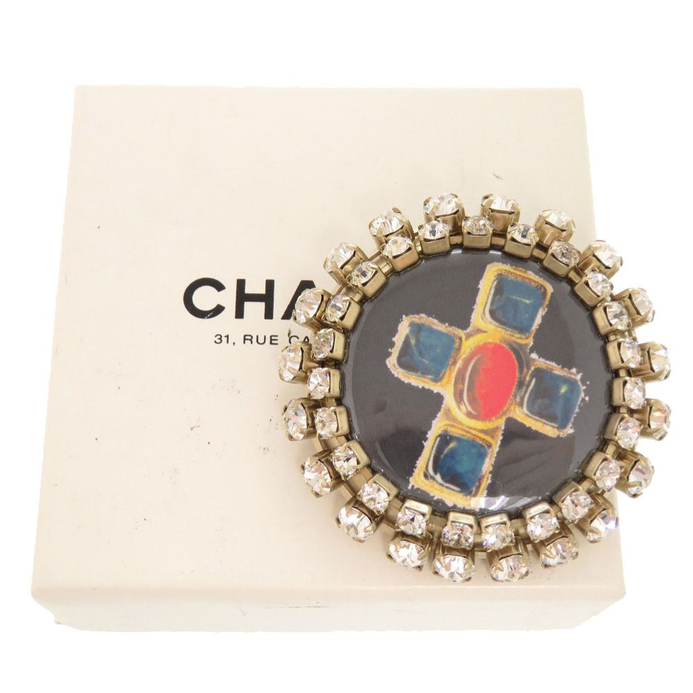 Chanel Cross Motif Metal Line Stone Black Brooch — view 2