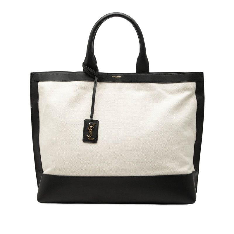Saint Laurent Logo Sac Shopping Tote Natural Black Canvas Leather