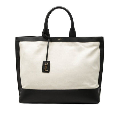 Saint Laurent Logo Sac Shopping Tote Natural Black Canvas Leather