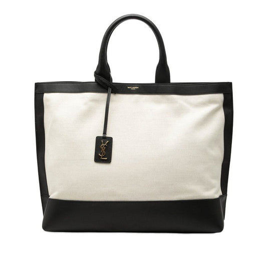 Saint Laurent Logo Sac Shopping Tote Natural Black Canvas Leather