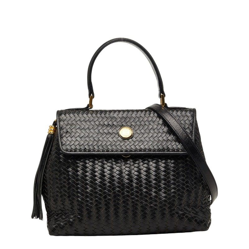 Fendi Fringe Braided 2-Way Shoulder Bag Black Leather