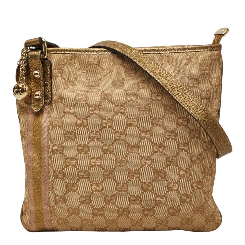 Gucci GG Canvas Sherry Line Crossbody Shoulder Bag Beige Gold Pink