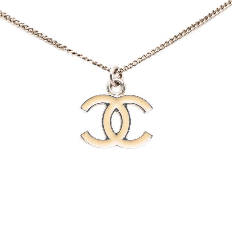 Chanel CC Logo Chain Pendant Necklace Silver Beige Metal