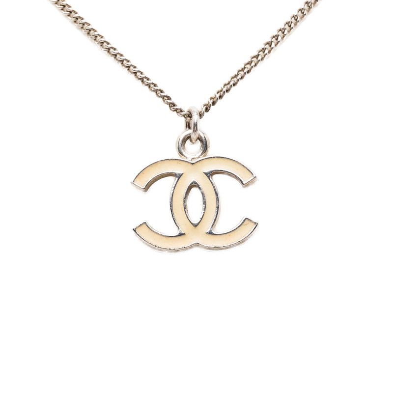 Chanel CC Logo Chain Pendant Necklace Silver Beige Metal — view 2