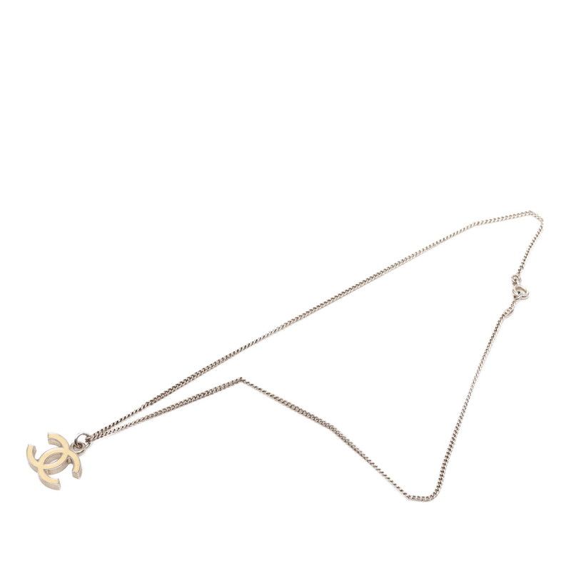 Chanel CC Logo Chain Pendant Necklace Silver Beige Metal — view 3
