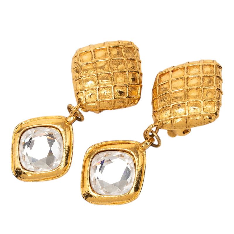 Chanel Quilted Vintage Swing Earrings Gold Plated Line Stone