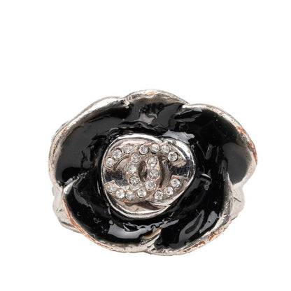 Chanel Camellia CC Logo Flower Ring Silver Black Metal Enamel Line Stone