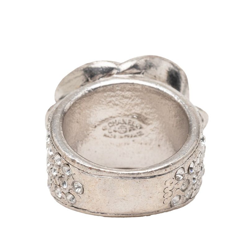 Chanel Camellia CC Logo Flower Ring Silver Black Metal Enamel Line Stone — view 3
